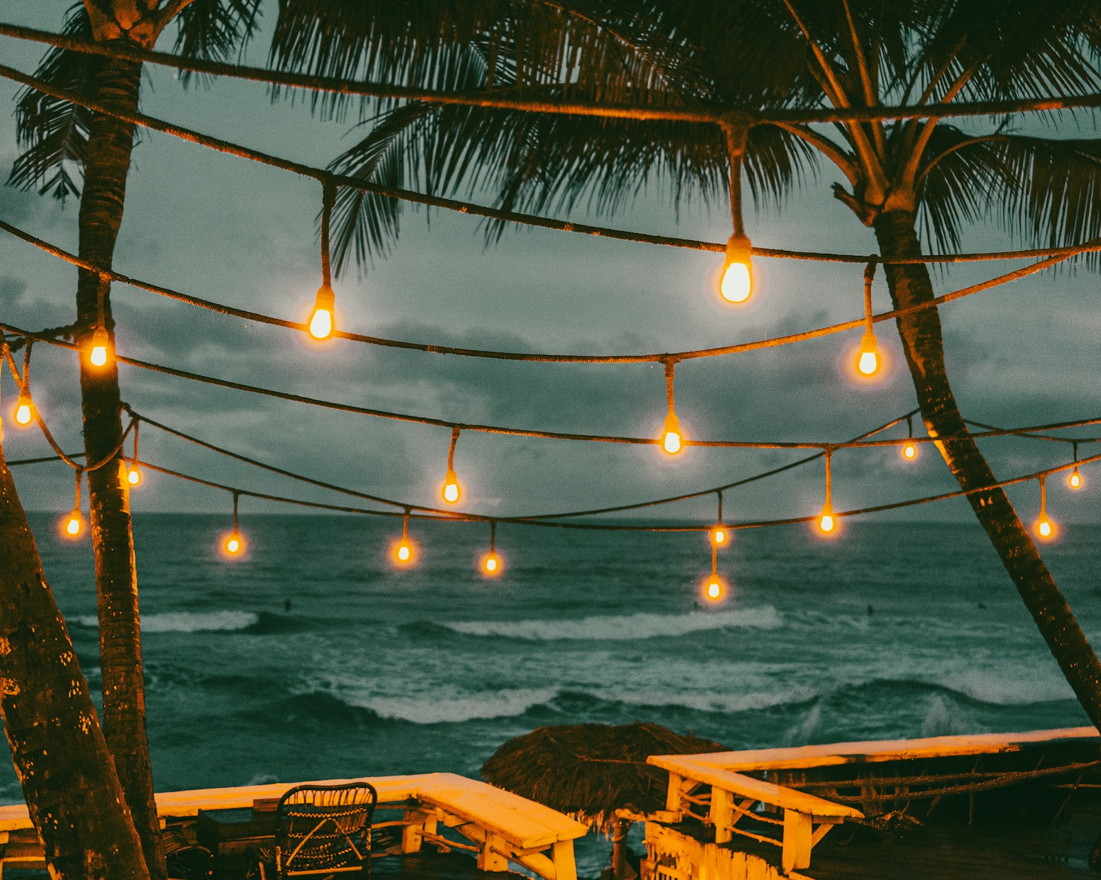 Luces colgantes y palmeras sobre el mar en Miches
